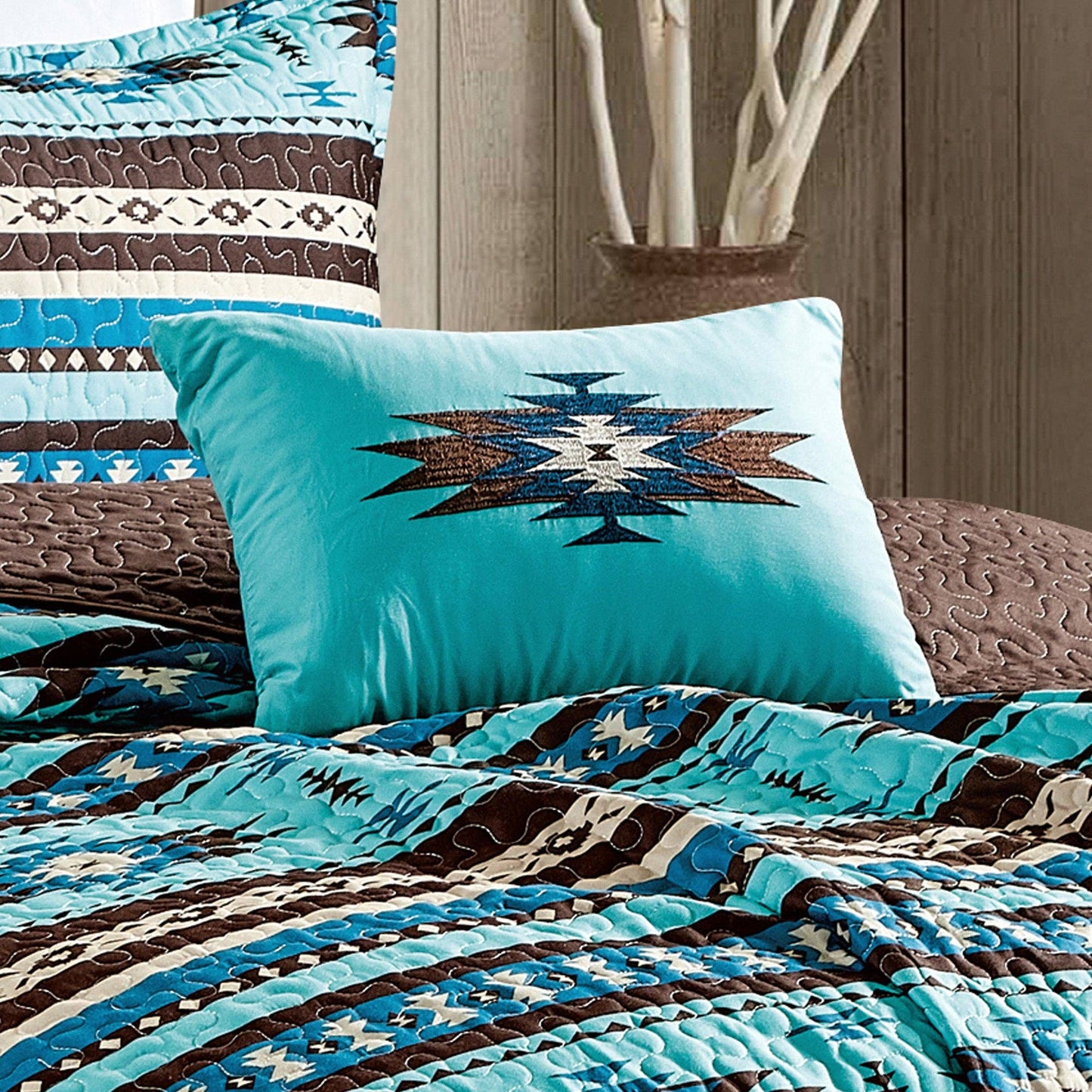 Southwestern Turquoise Tan Aztec Coverlet - 5 Piece Set