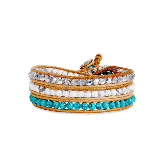 Boho Betty Baku Leather 3 Wrap Crystal Bracelet with Turquoise & White Balls