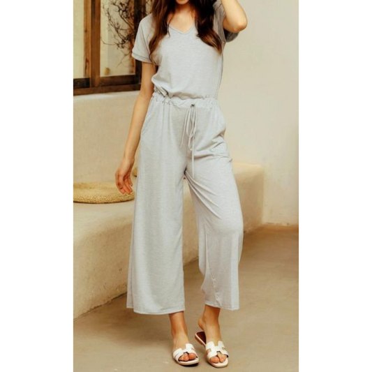 Short Sleeve Loose Jumpsuit Light Grey