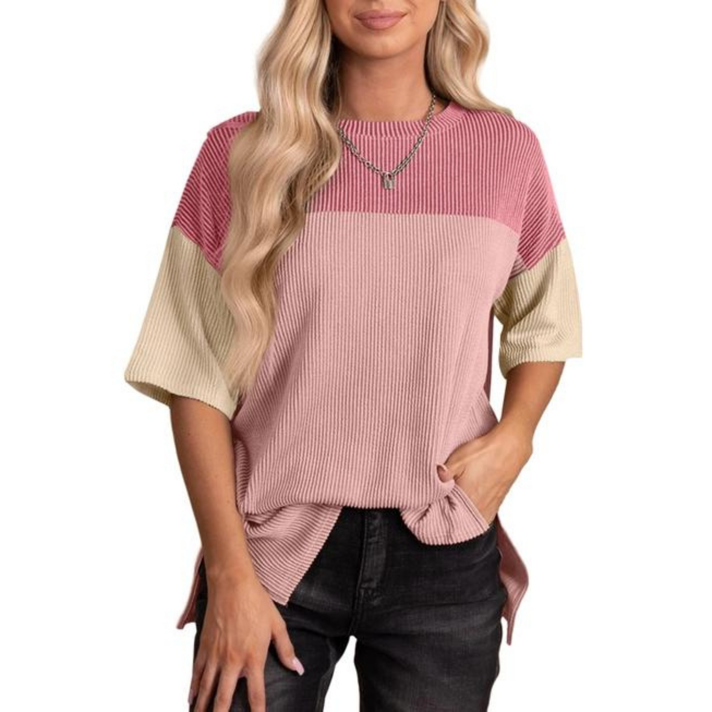 Colour Block Crew Neck Knitted T-Shirt Pink