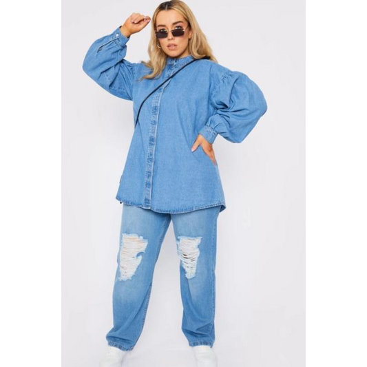 Balloon Sleeve Denim Shirt Light Blue