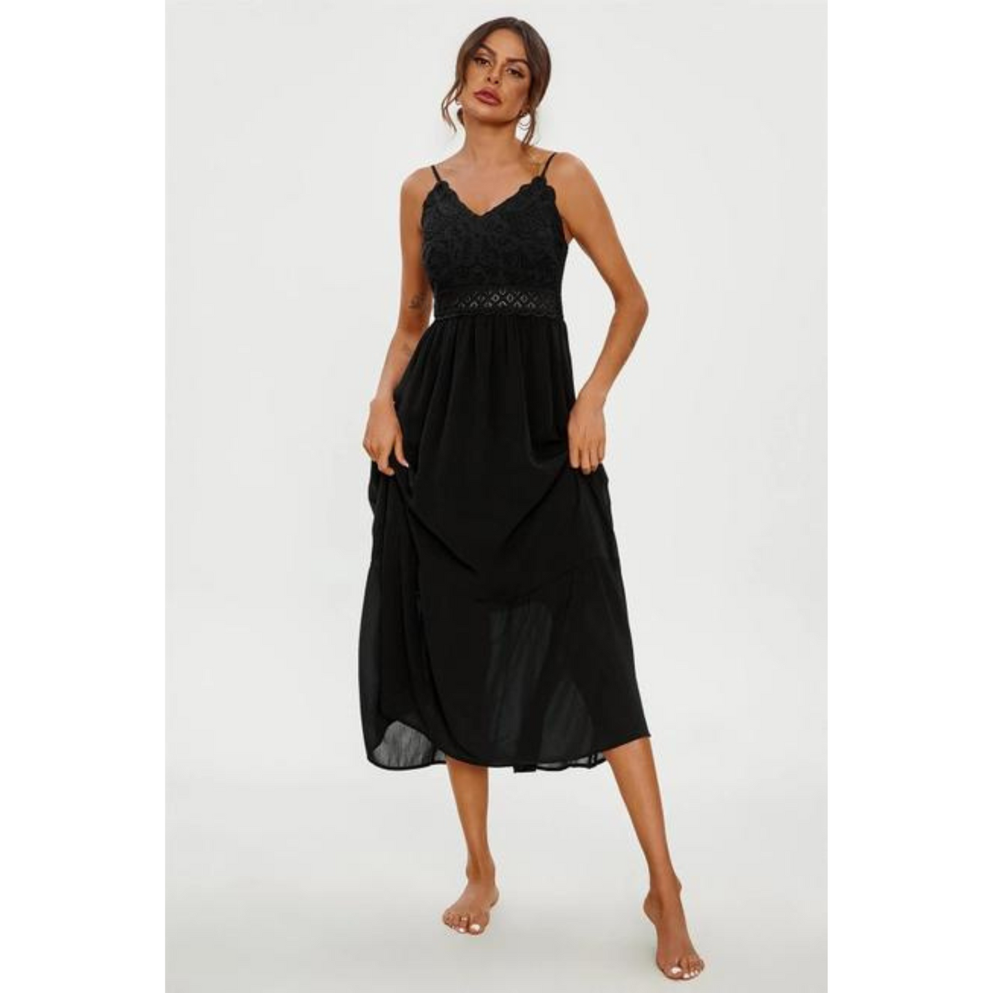 Lace Embroidery Anglaise Maxi Slip Dress Black