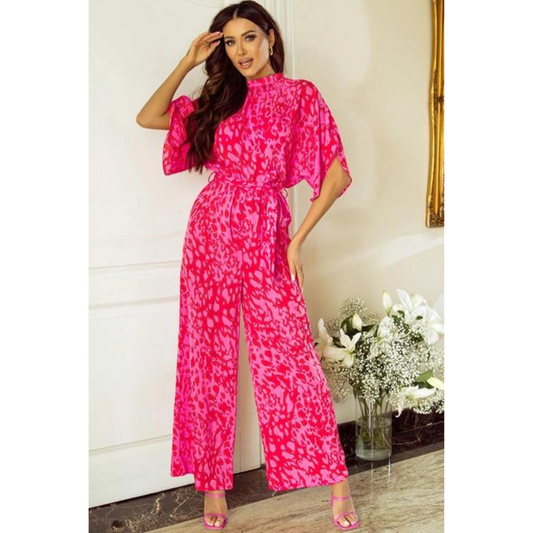 Loose Sleeve Belted Wide Leg Jumpsuit Rose Leopard