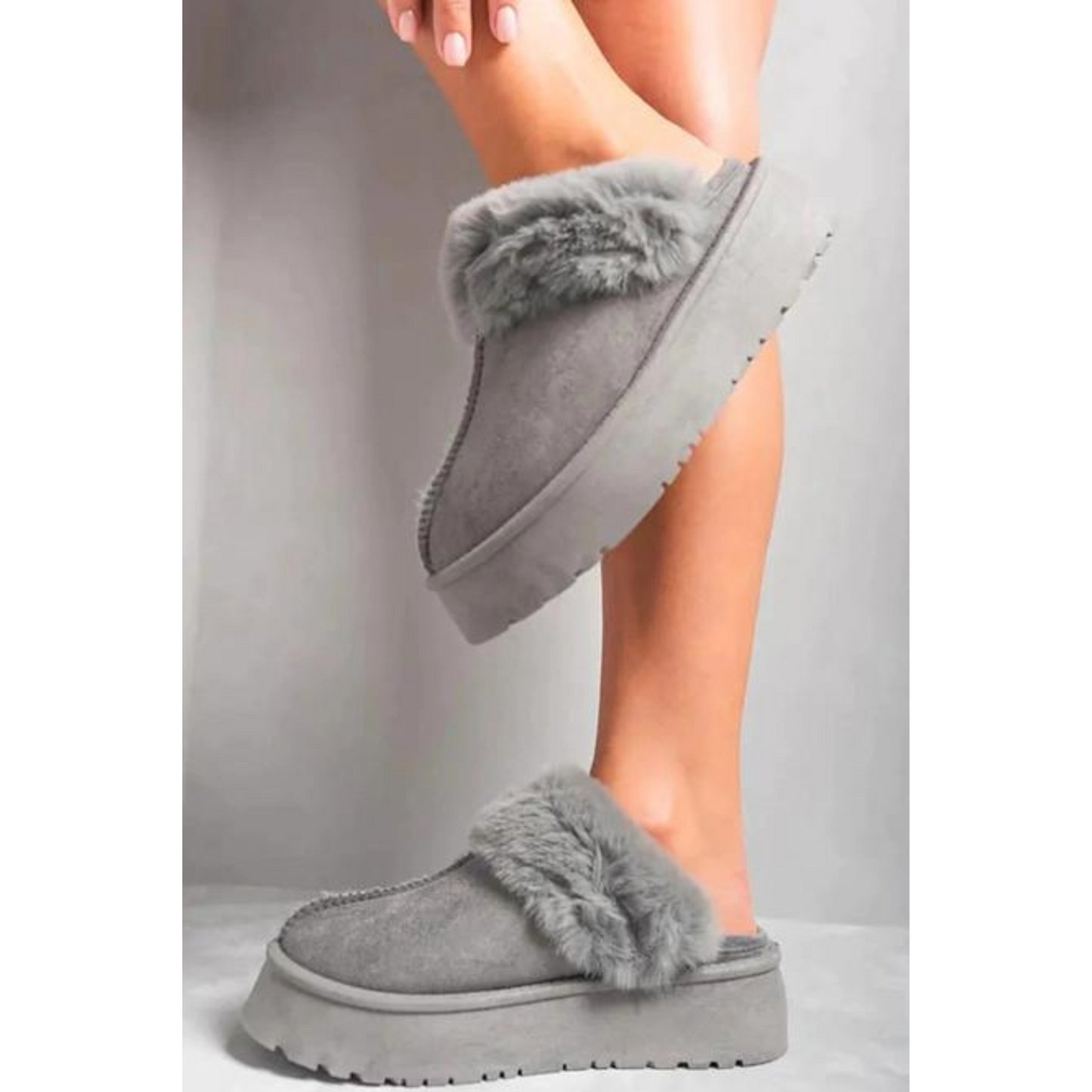 Faux Fur Platform Mule Slipper Grey