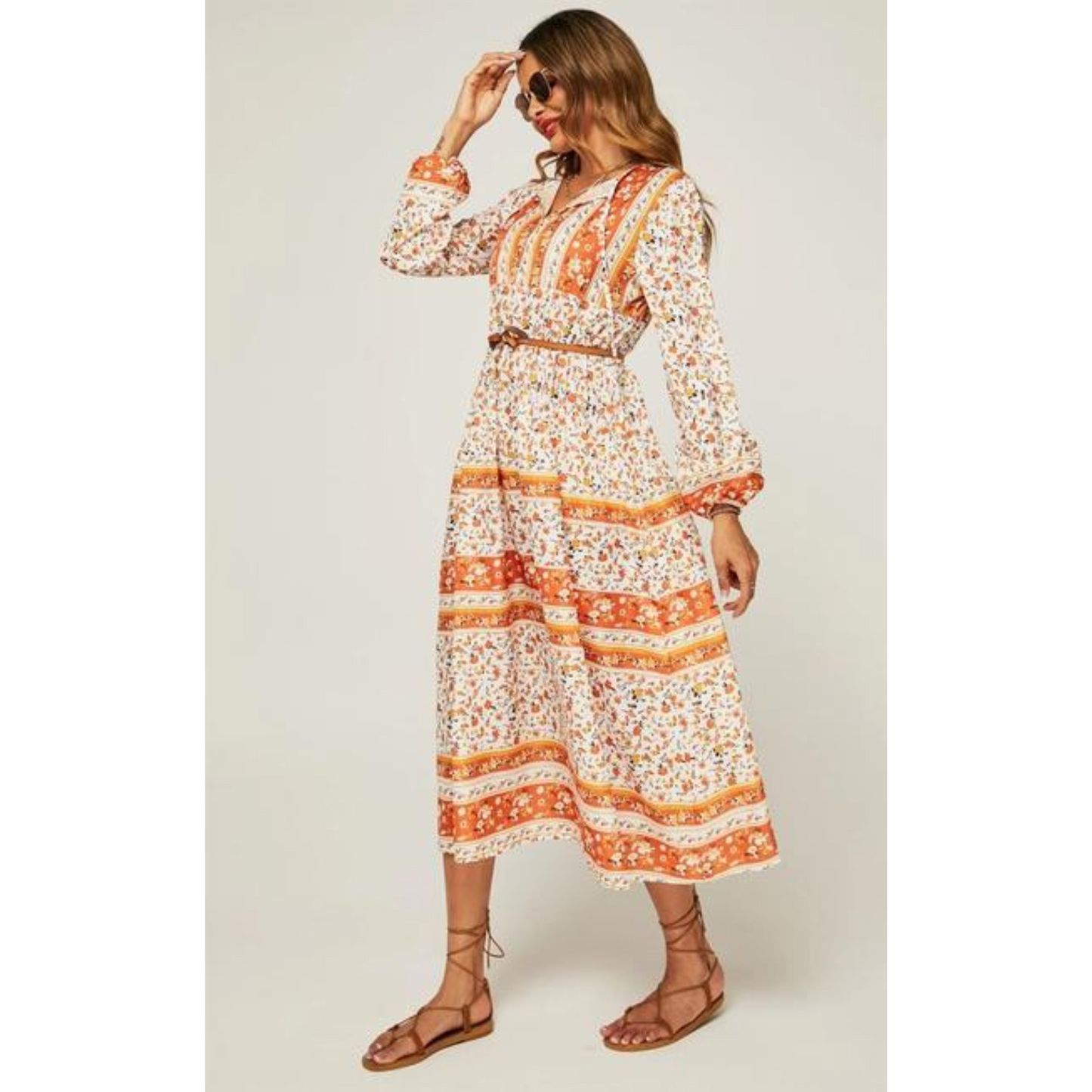 Relaxed Floral Print Midi Dress Orange