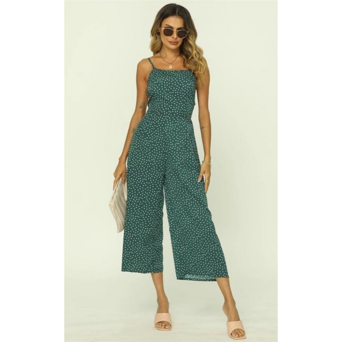 Tie Back Culotte Jumpsuit Dark Green Polka Dot