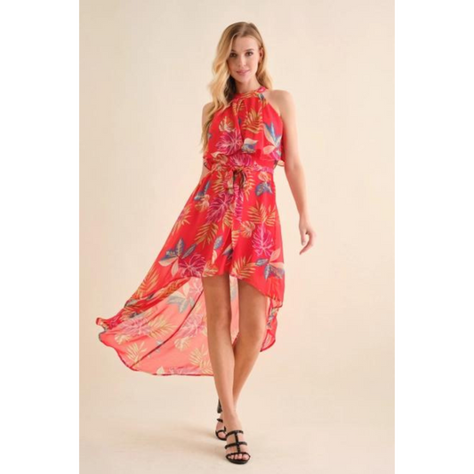 Chiffon Tropical Ruffle Halter Maxi Dress