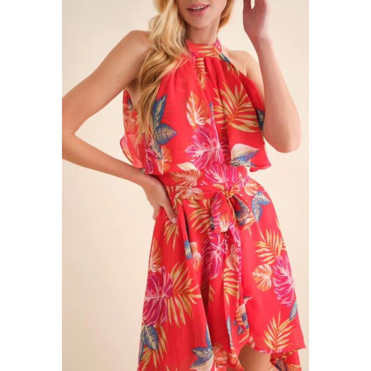 Chiffon Tropical Ruffle Halter Maxi Dress