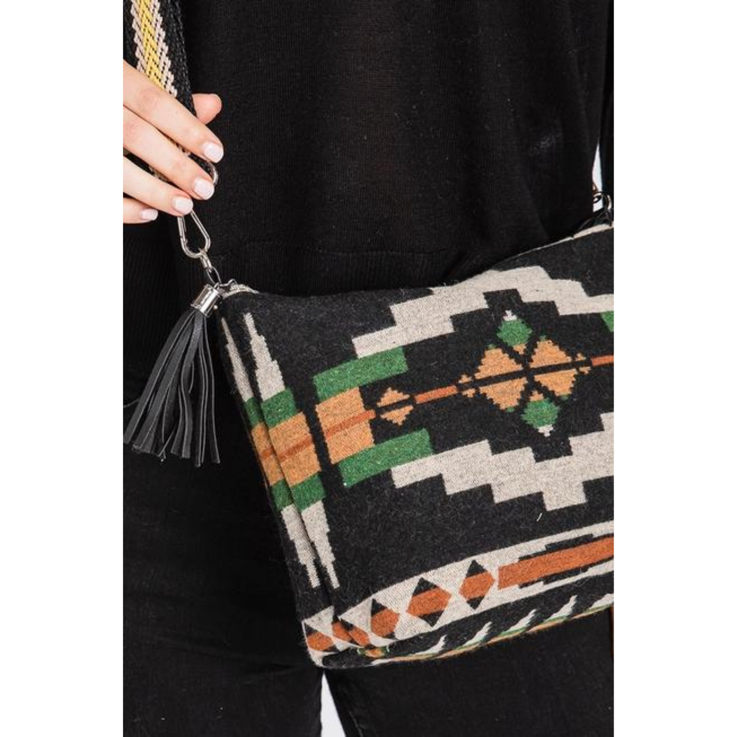 Aztec Crossbody Tassel Bag Olive