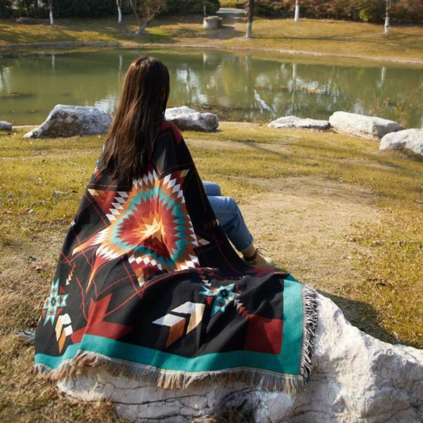 Woven Native Star Throw Black