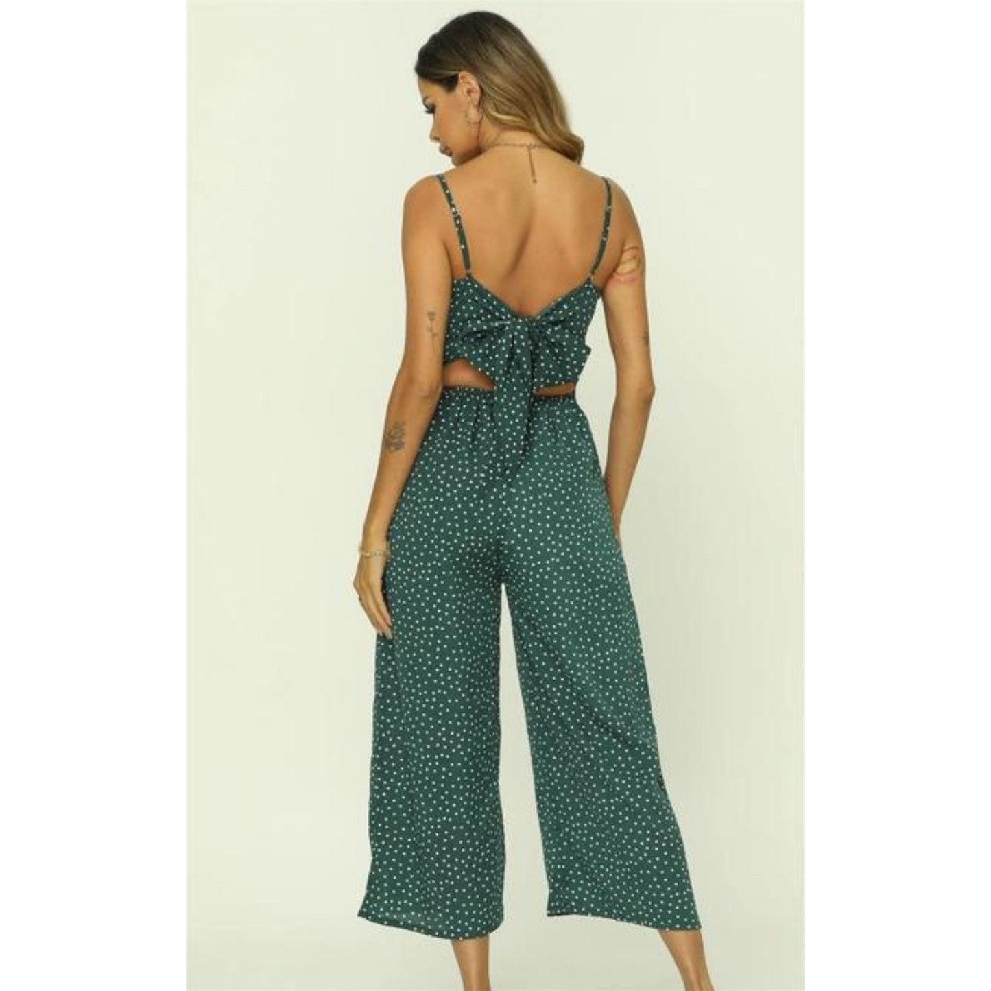 Tie Back Culotte Jumpsuit Dark Green Polka Dot