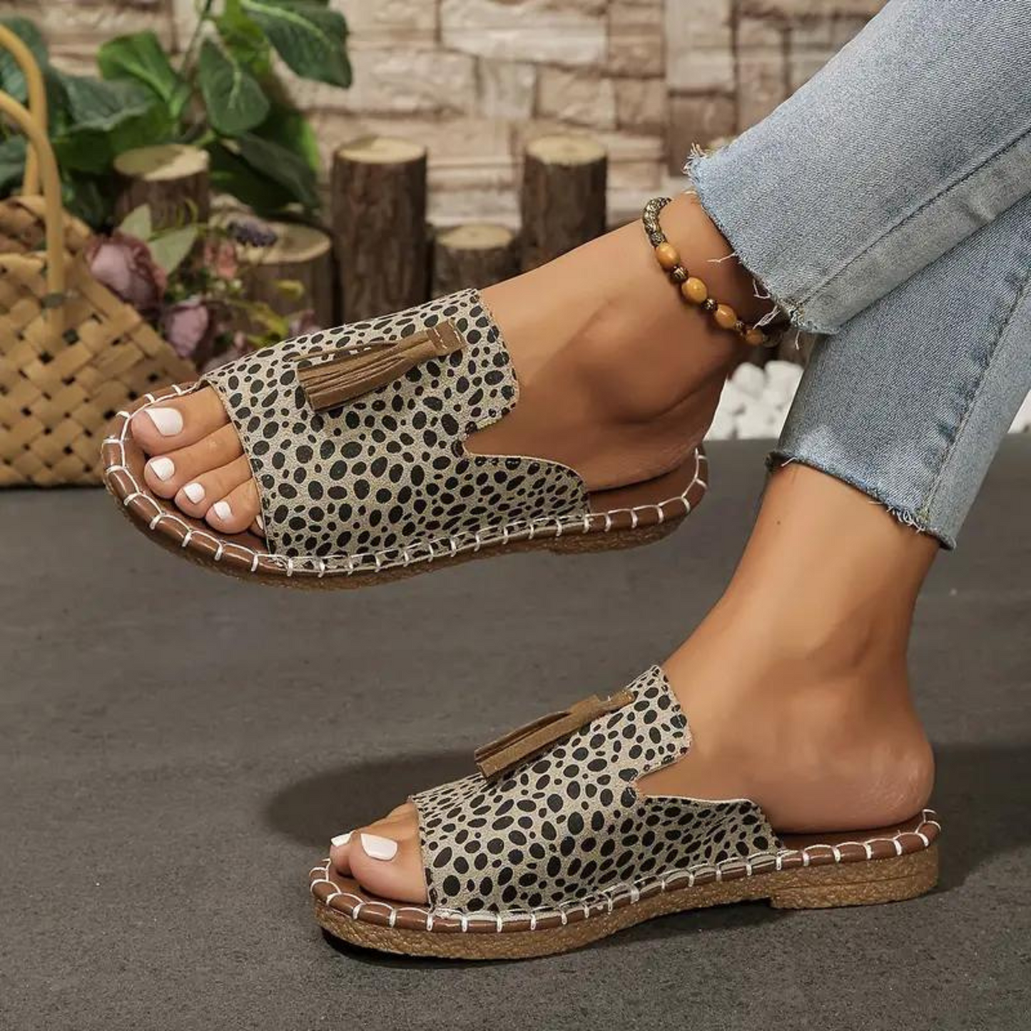 Animal Print Canvas Sliders Brown