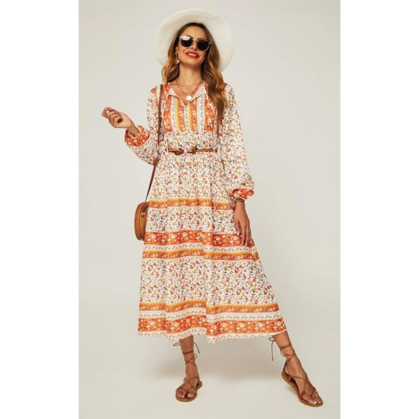 Relaxed Floral Print Midi Dress Orange