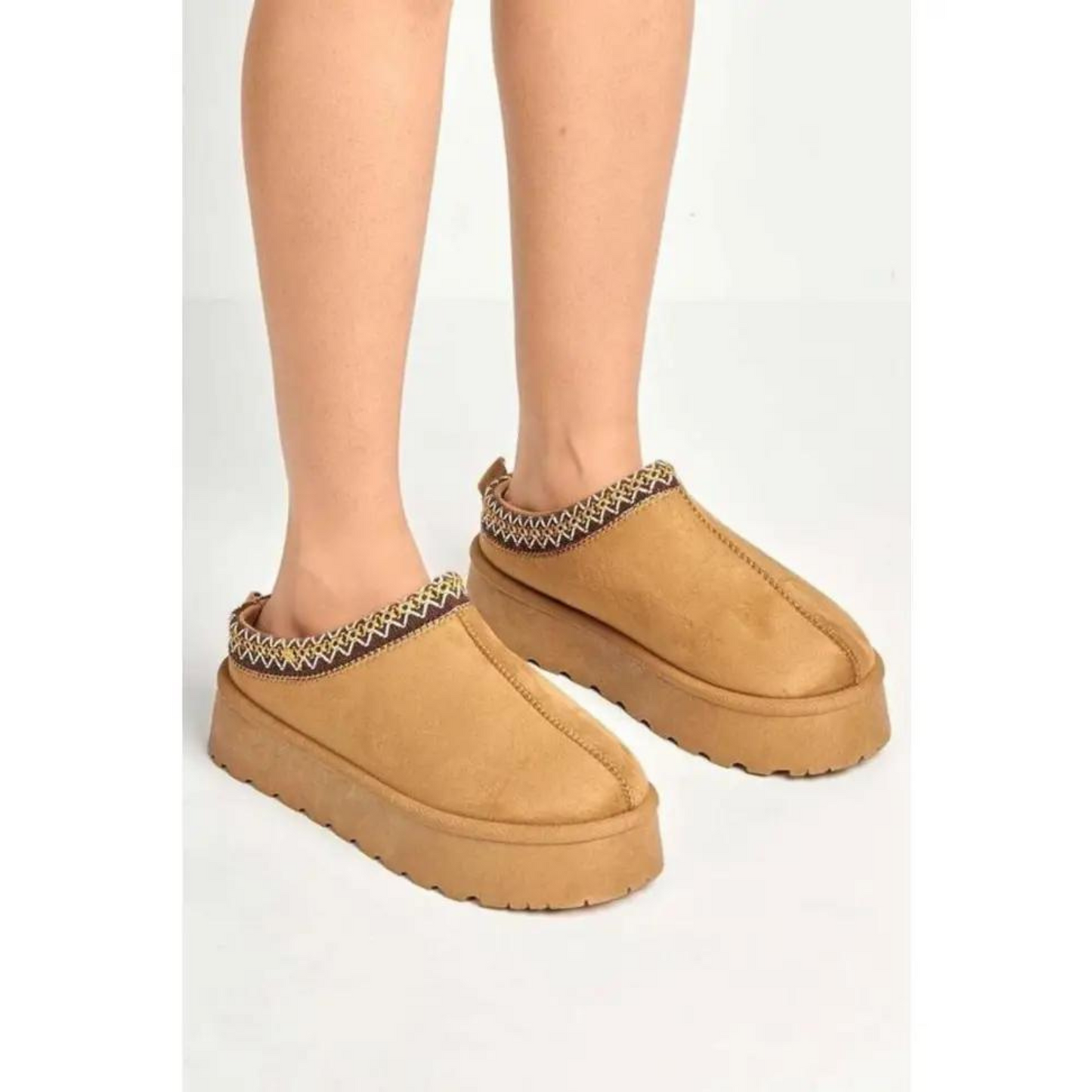 Embroidered Platform Cabin Slipper Camel