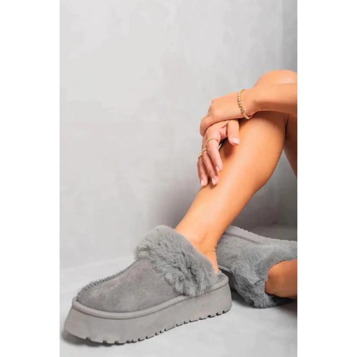 Faux Fur Platform Mule Slipper Grey