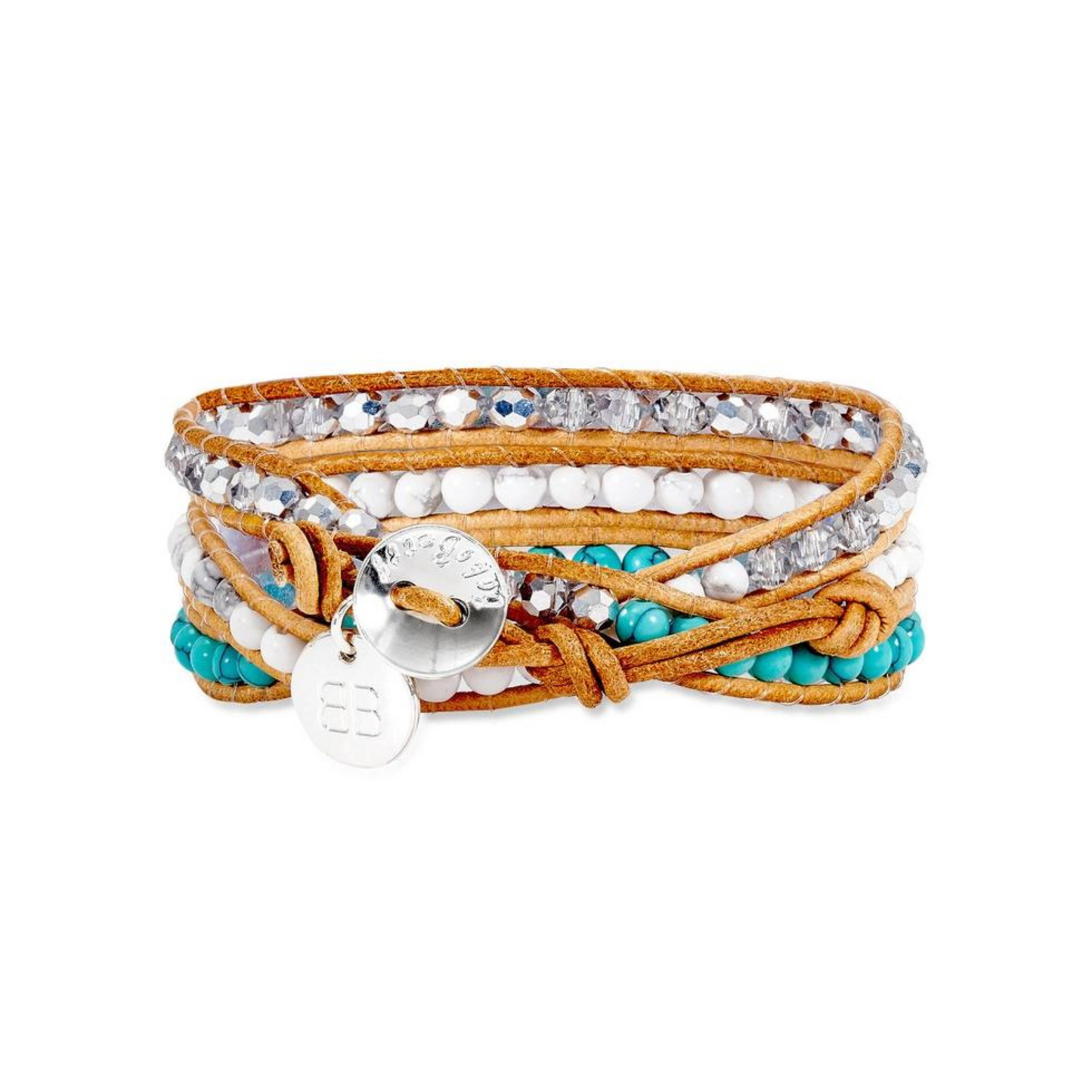 Boho Betty Baku Leather 3 Wrap Crystal Bracelet with Turquoise & White Balls