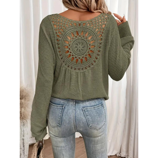 Boho Long Sleeve Crochet Top Khaki