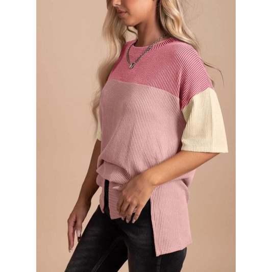 Colour Block Crew Neck Knitted T-Shirt Pink