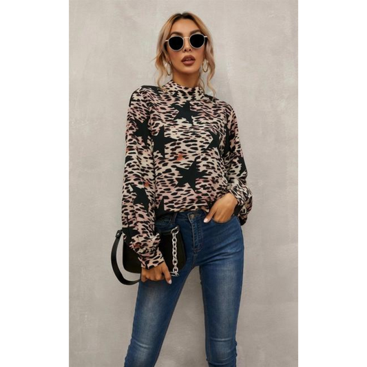 High Neck Leopard & Star Print Top