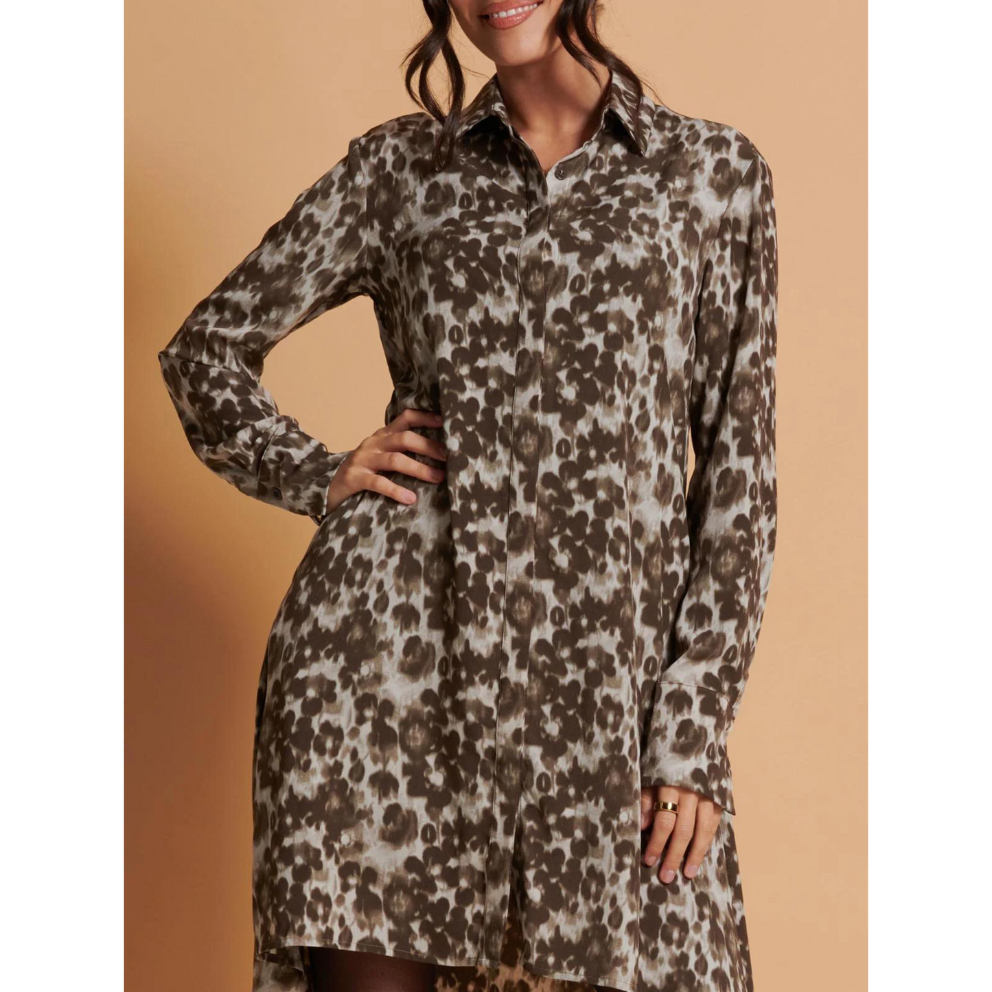 Dipped Hem Shirt Dress Abstract Print Taupe