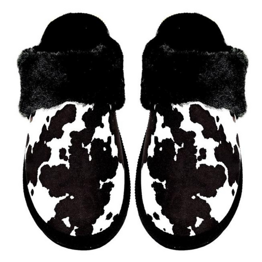 Cow Print Faux Fur Slipper Black