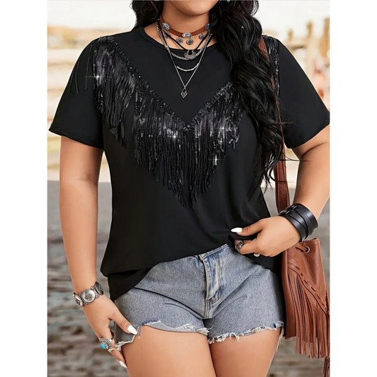 Sequin Fringe Tee Black