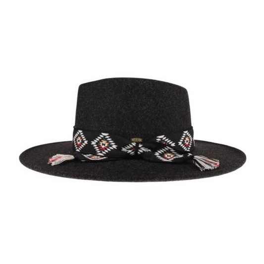 Aztec Trim Band Fedora Hat Heather Black