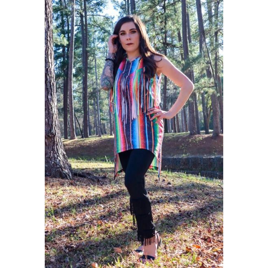 So Serape Sleeveless Fringe Detail Top