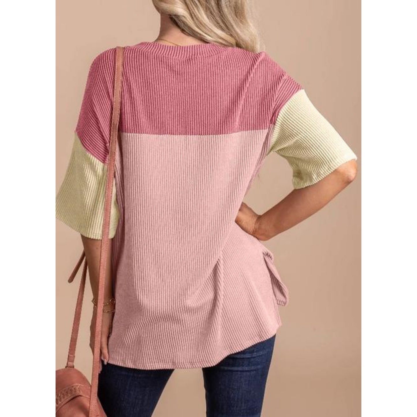 Colour Block Crew Neck Knitted T-Shirt Pink