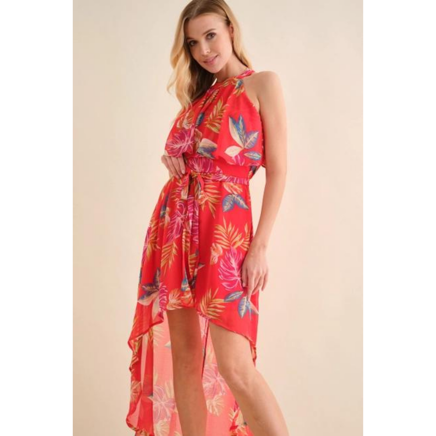 Chiffon Tropical Ruffle Halter Maxi Dress