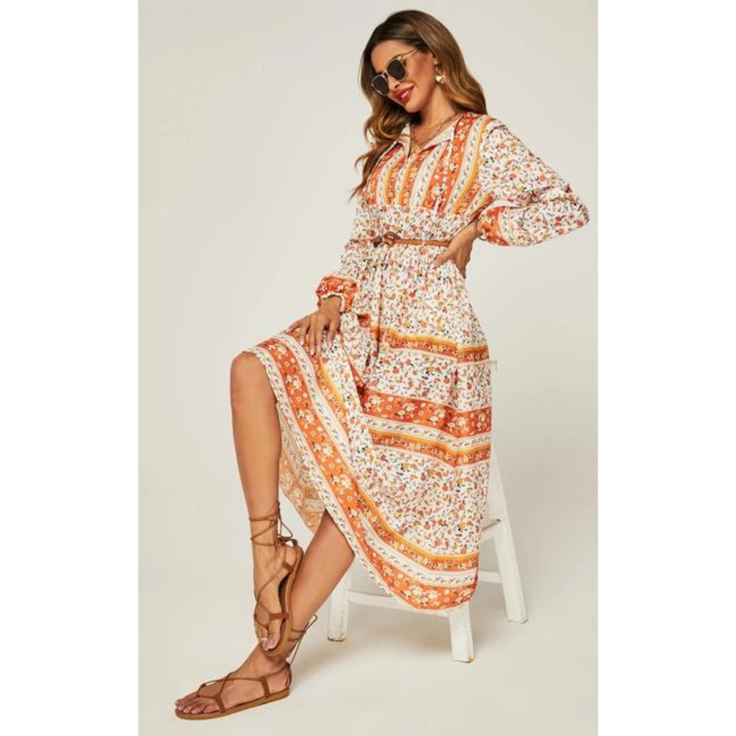 Relaxed Floral Print Midi Dress Orange