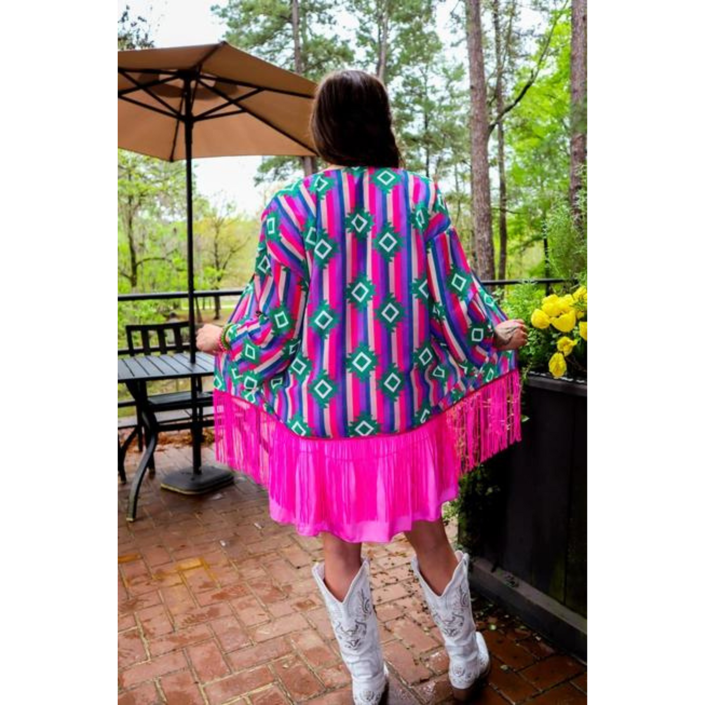 Guadalupe Sheer Aztec Kimono with Sequin Fringe