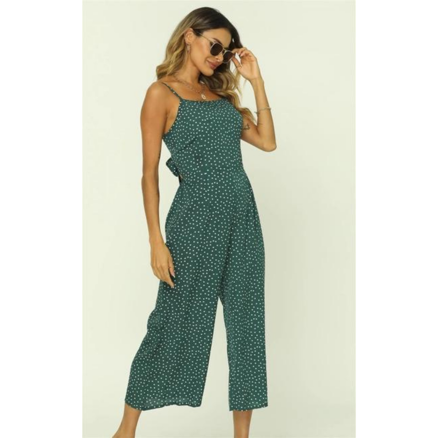 Tie Back Culotte Jumpsuit Dark Green Polka Dot