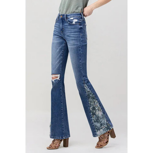 High Rise Stretch Flare Jeans Floral Panel