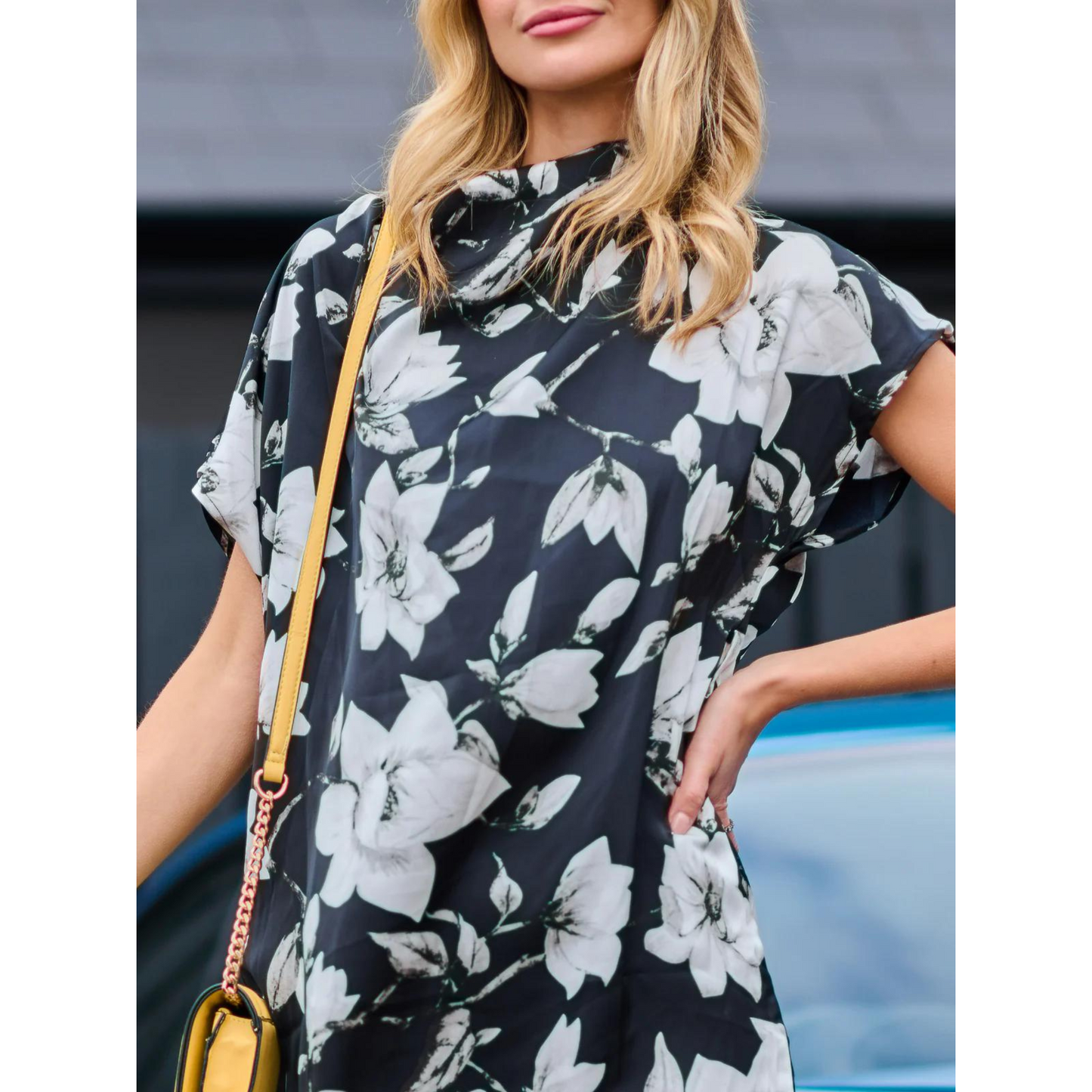 Cowl Neck Tunic Mini Dress Black Floral