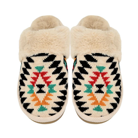 Aztec Pattern Faux Fur Slipper Beige