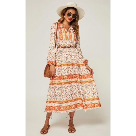 Relaxed Floral Print Midi Dress Orange