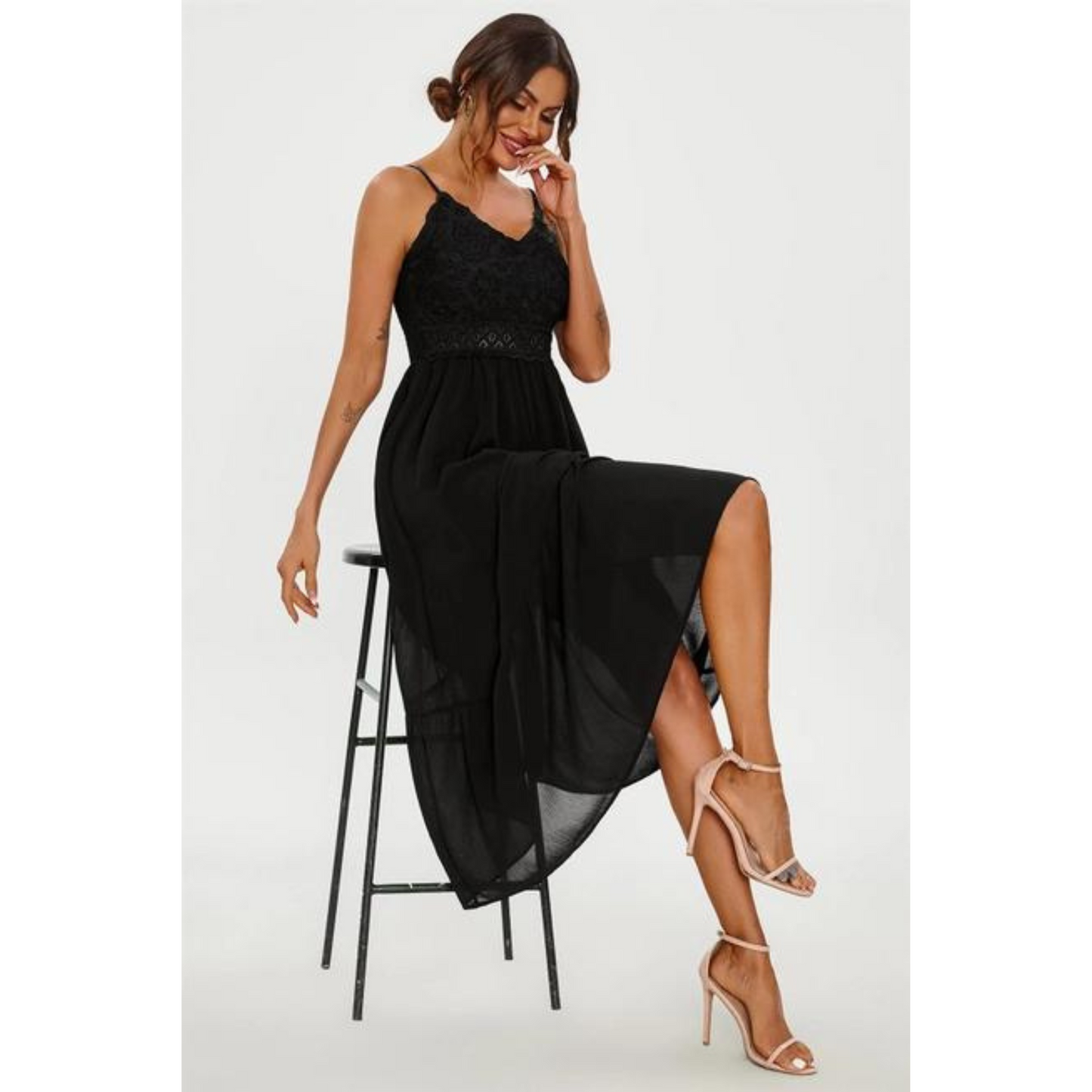 Lace Embroidery Anglaise Maxi Slip Dress Black