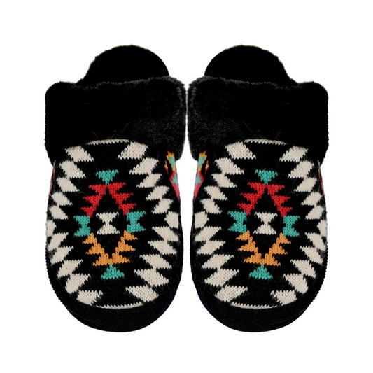 Aztec Pattern Faux Fur Slipper Black