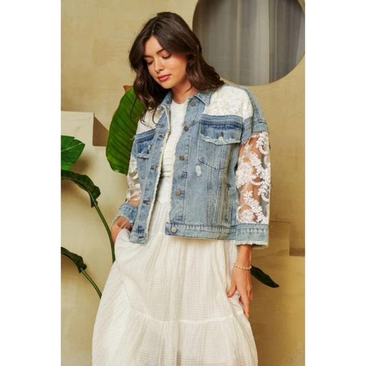 Floral Embroidery Lace Distressed Denim Jacket