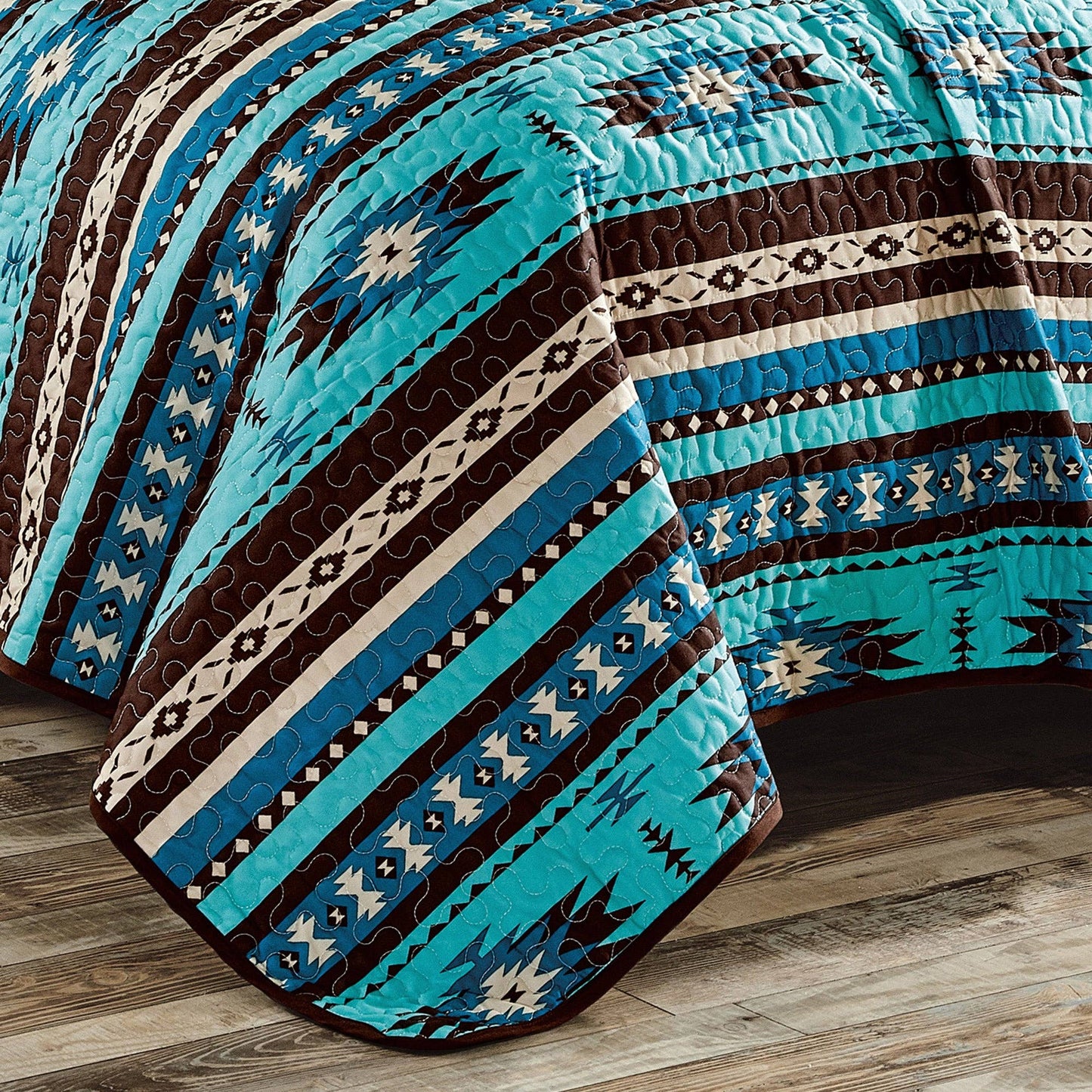 Southwestern Turquoise Tan Aztec Coverlet - 5 Piece Set