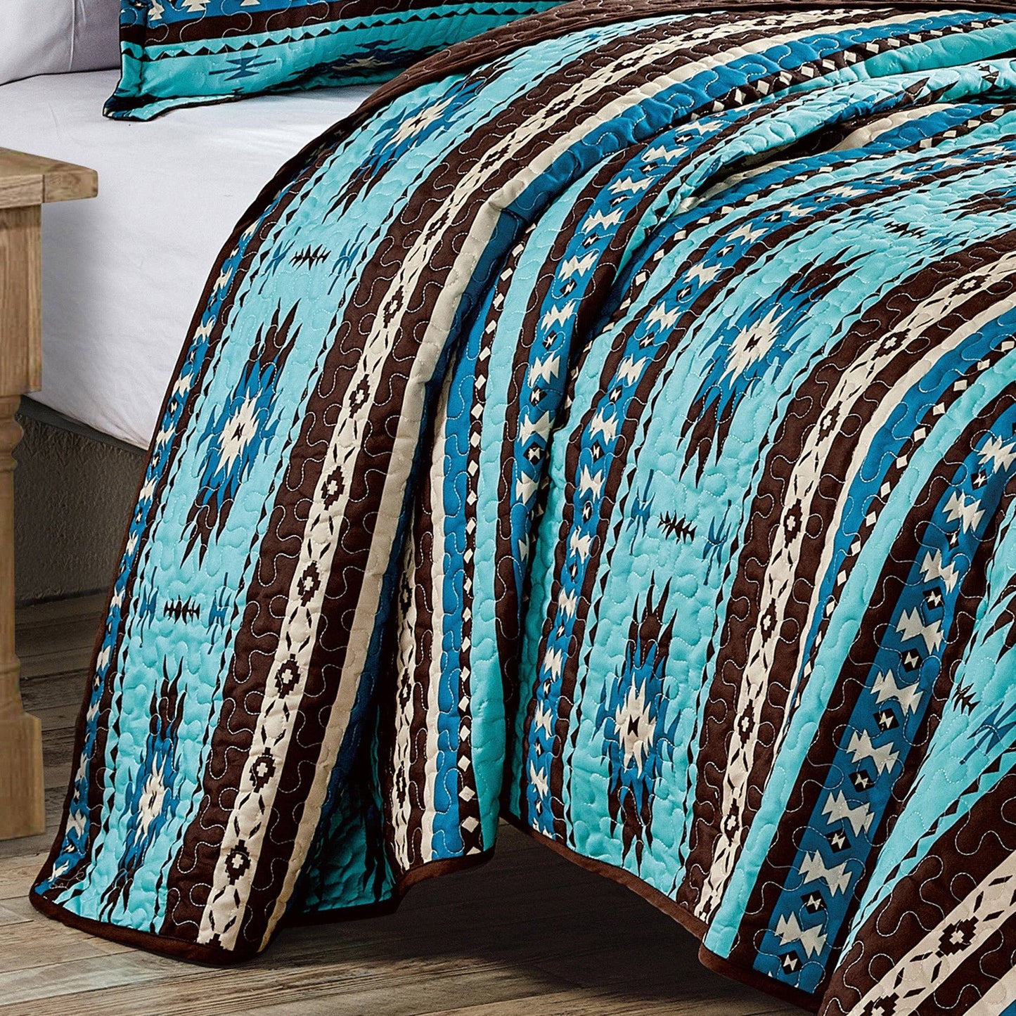 Southwestern Turquoise Tan Aztec Coverlet - 5 Piece Set