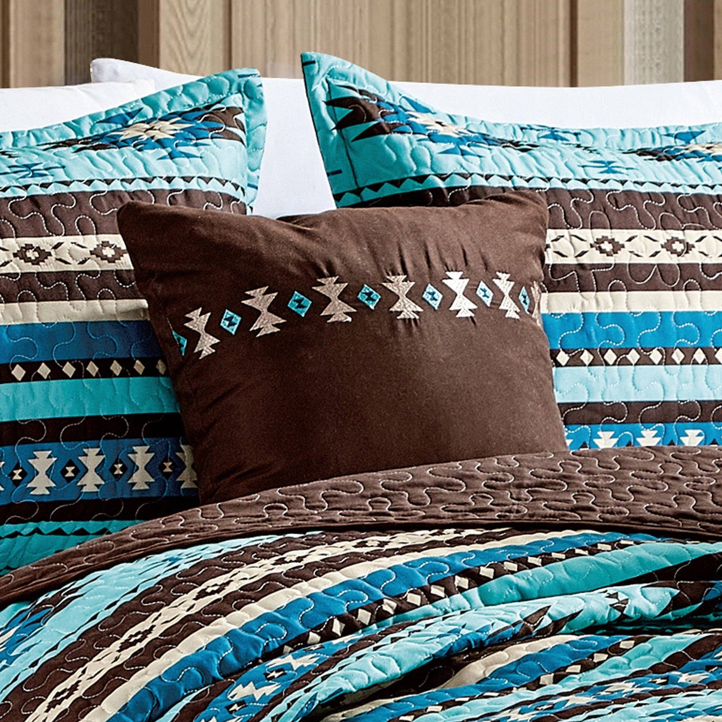 Southwestern Turquoise Tan Aztec Coverlet - 5 Piece Set