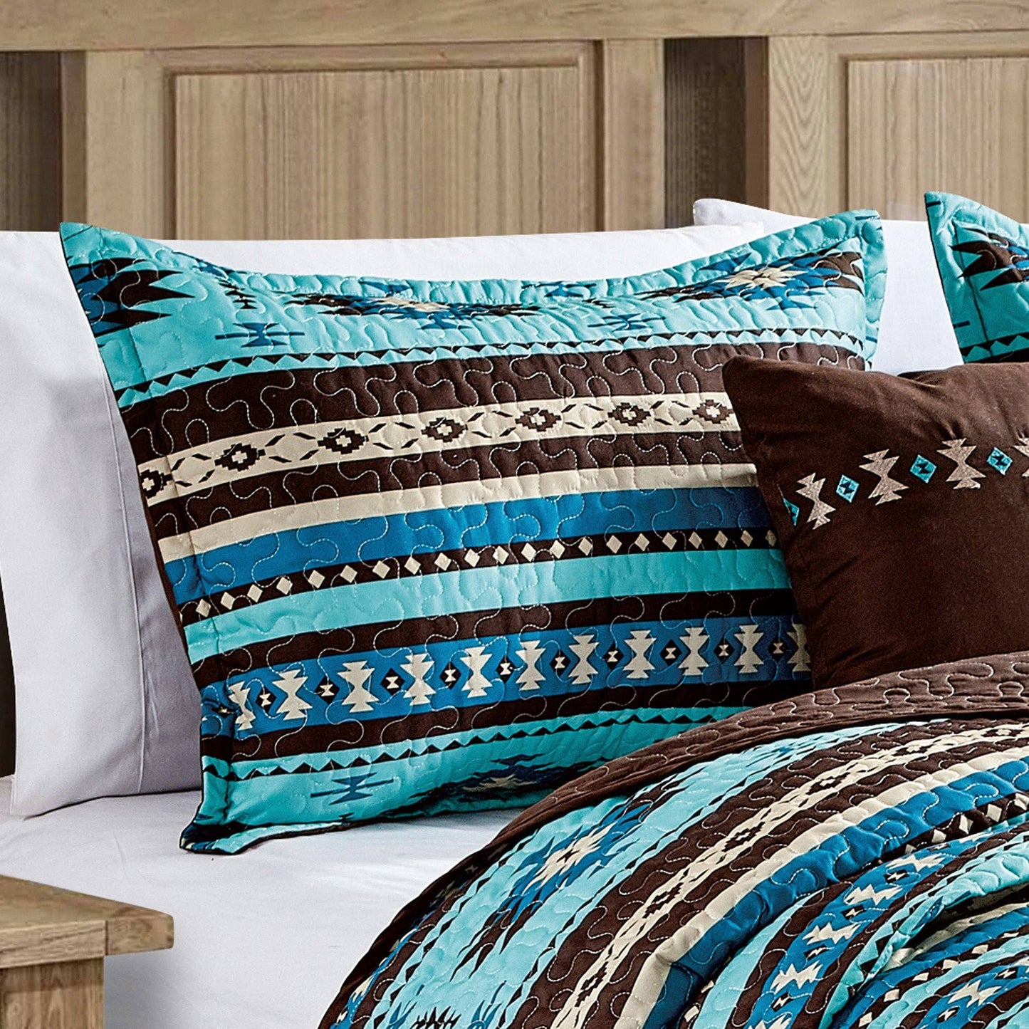 Southwestern Turquoise Tan Aztec Coverlet - 5 Piece Set