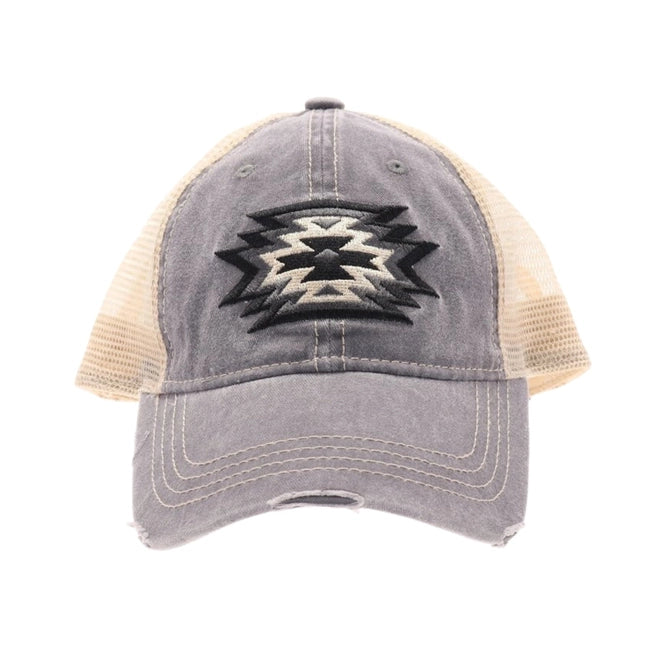 Aztec Embroidered Patch Mesh High Pony Cap Grey