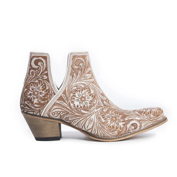 Western Moxie Hand-tooled Booties White Chocolate