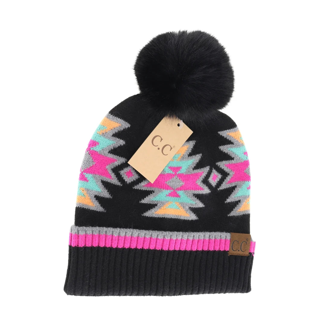 Southwestern Faux Fur Pom Beanie Black Multi