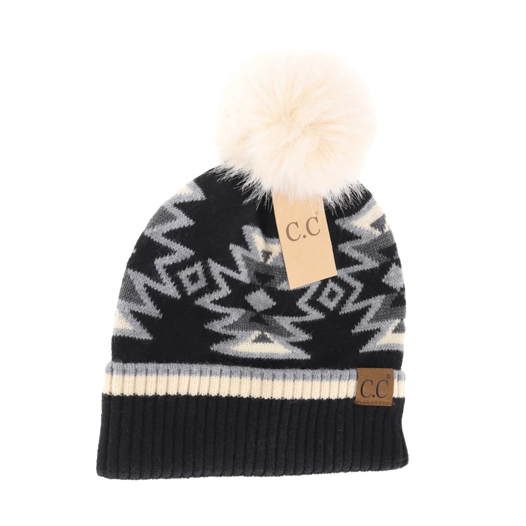 Southwestern Faux Fur Pom Beanie Black