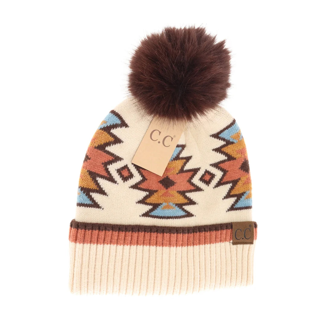 Southwestern Faux Fur Pom Beanie Beige