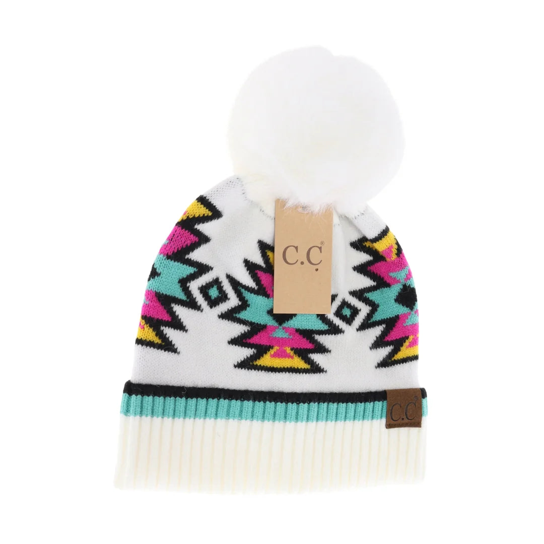 Southwestern Faux Fur Pom Beanie Ivory